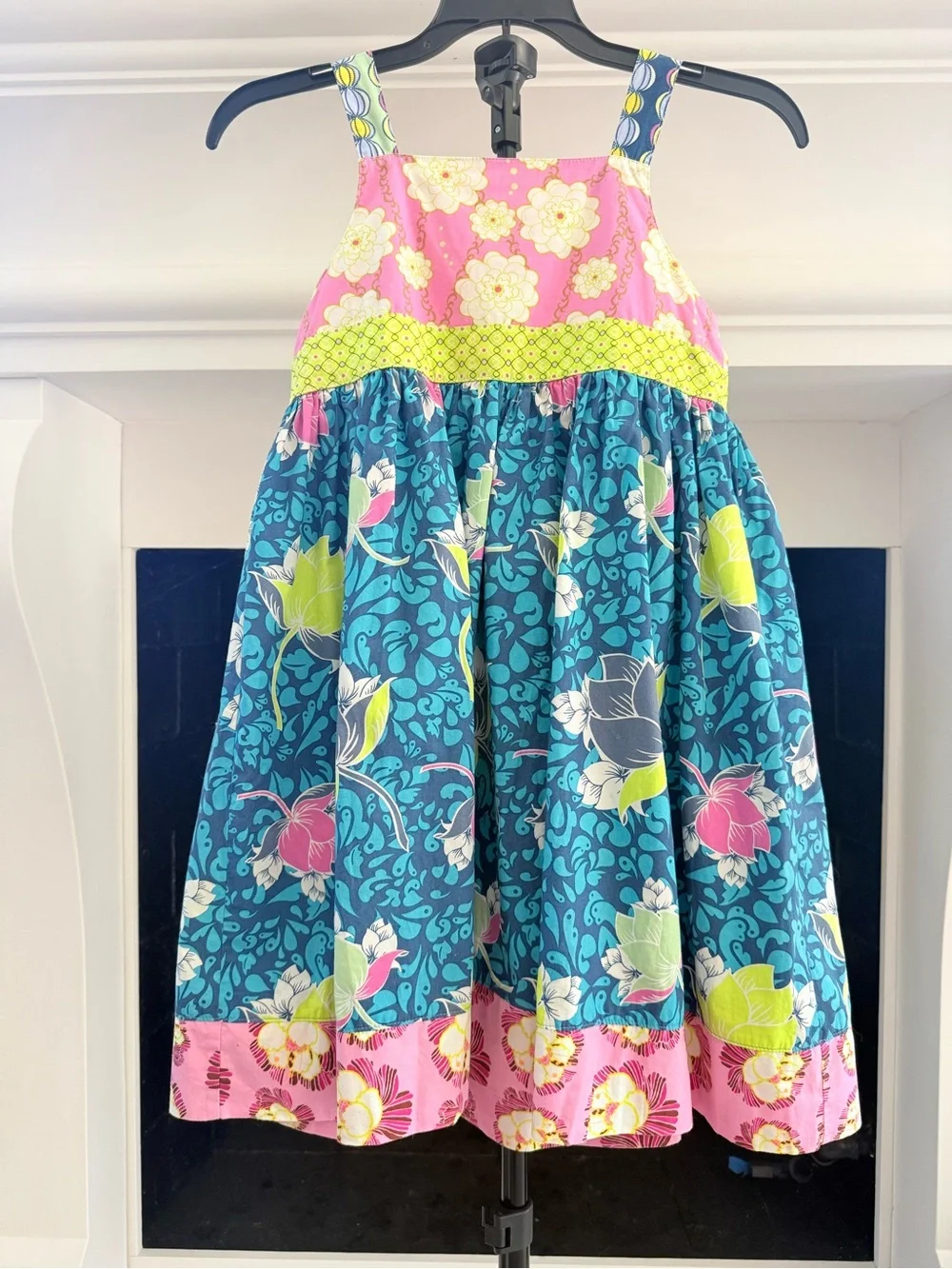 Girls' Multicolor Floral Apron Sundress with Pink Bodice- Girls 7